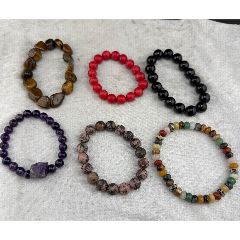 Estate Polished Stone Bracelet Lot Multicolor Beaded Nature Stretch 6-8.5in